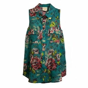 Self Esteem Teal Rose Floral Sleeveless Collared Shirt Medium‎